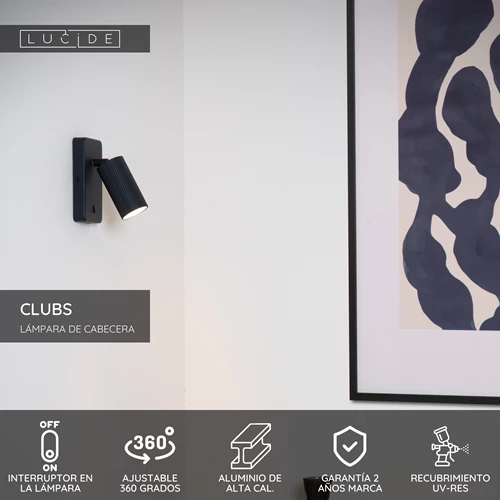 Lucide CLUBS - Lámpara de cabecera / Lámpara de pared - 1xGU10 - Negro - USP